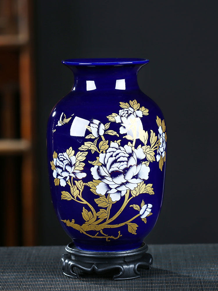 Blue & Gold Gilded Peony Vase, porcelain — view 3
