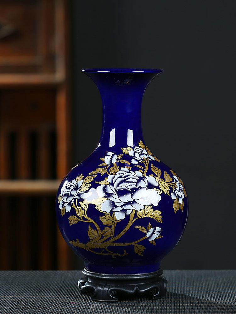 Blue & Gold Gilded Peony Vase, porcelain — view 5