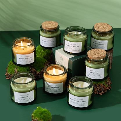 Green Glass Soy Candle with Wood Lid — main view