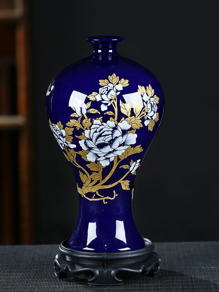 Blue & Gold Gilded Peony Vase, porcelain — view 4